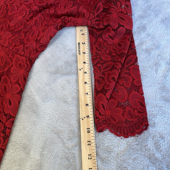 Missmay Retro Gorgeous City Lace Fit Flare Dress Burgundy 3/4 Sleeve V Neck - Picture 12 of 12